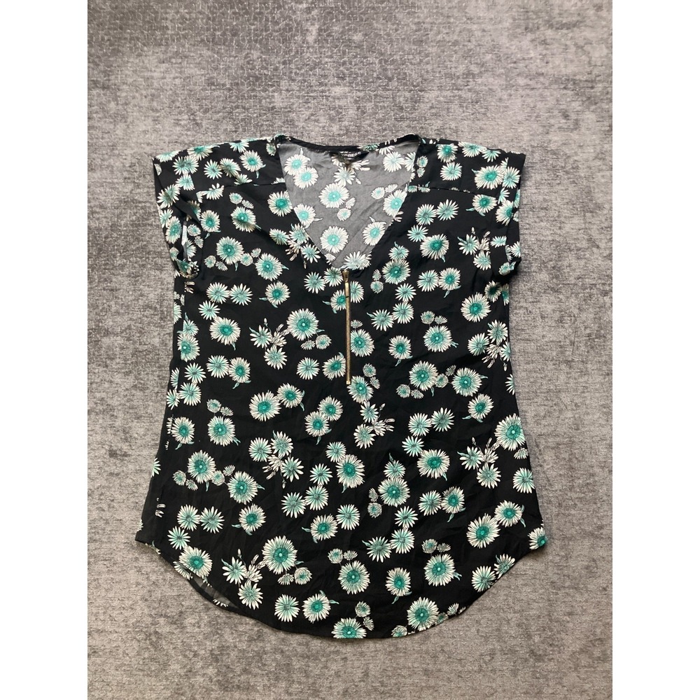 Express Blouse Top Womens Medium Black Daisy Floral Cap Sleeve V-Neck Front Zip